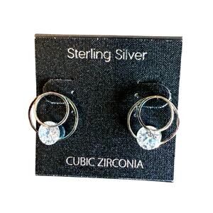 Sterling Silver Round Earrings Cubic Zirconia Low Profile Small New